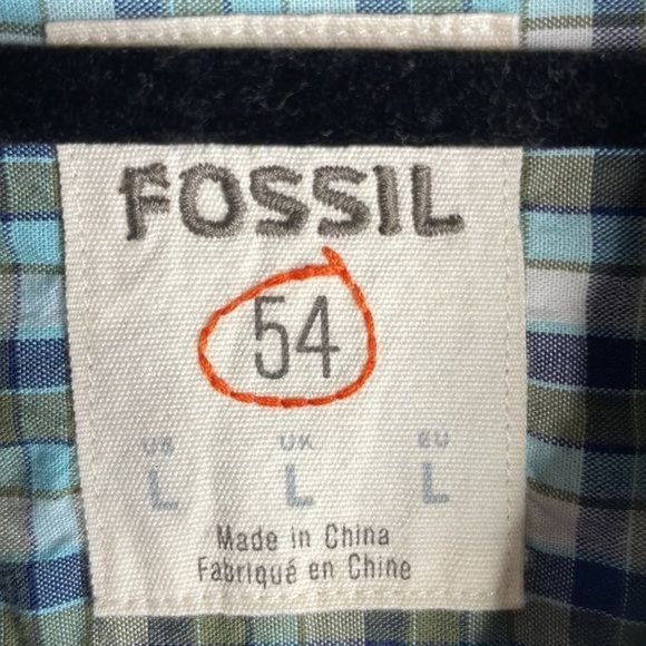 Fossil 54 Size L Aqua Charcoal White Plaid Lightweight Casual Button Down - Picture 4 of 7